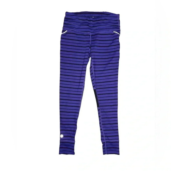 Athleta purple & black striped  leggings size Medium ruched side mesh back knee - Picture 2 of 9